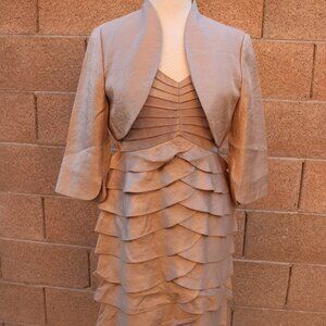 Adrianna Papell Tiered Ruffle Cocktail Sheath Knee V Neck Dress Bolero Set